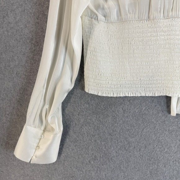 Anthropologie Blouse Long Sleeve V Neck Ruched Tie Front Ivory Womens Size XL - Picture 8 of 14